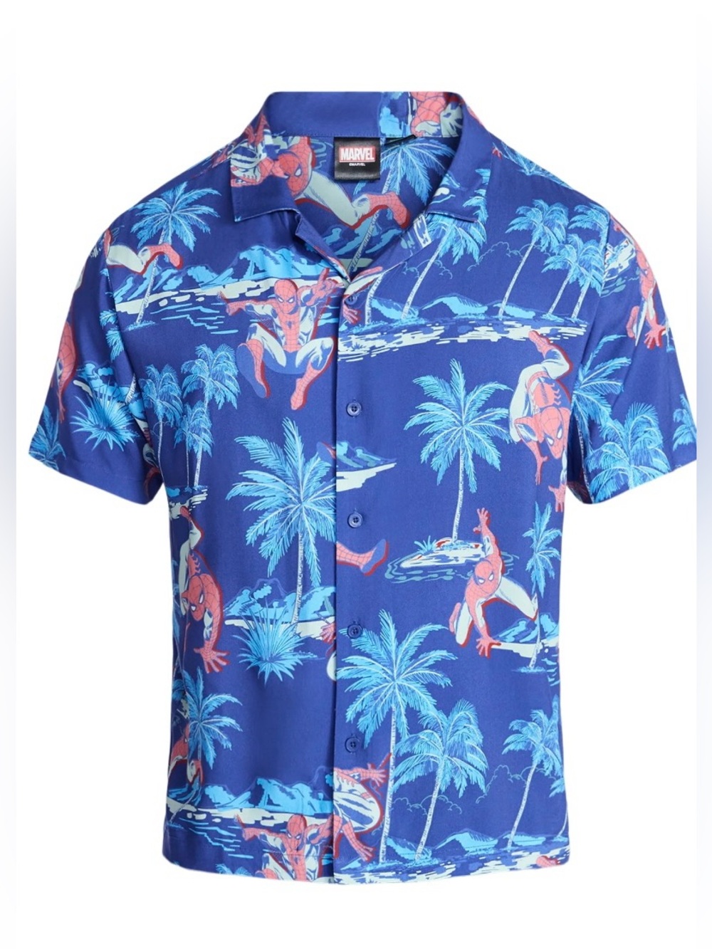 Marvel Spider-Man Blue  Tropical Hawaiian‎ Camp Button Up Shirt Men’s 2XL NWT